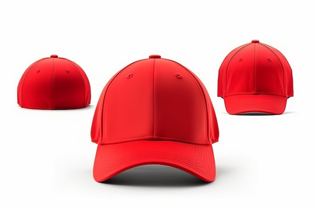 Tres gorras de béisbol rojas sobre un fondo blanco.