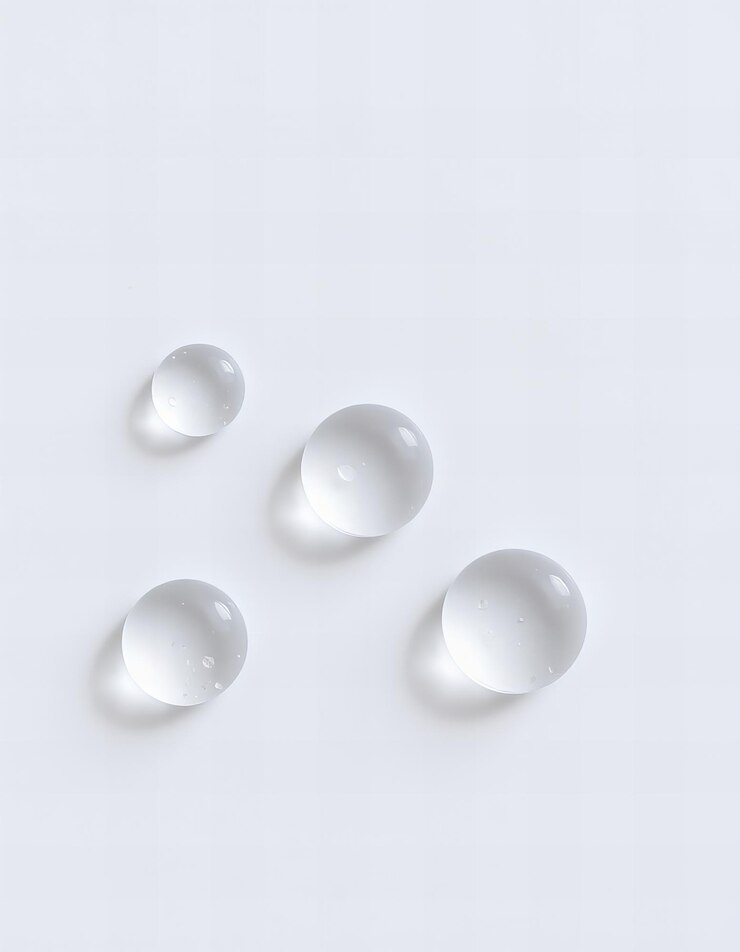 Tres gotas de agua esparcidas sobre un fondo de papel blanco con textura