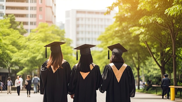 Foto três graduadas em chapéu e roupa afastando-se da câmera em um campus universitário