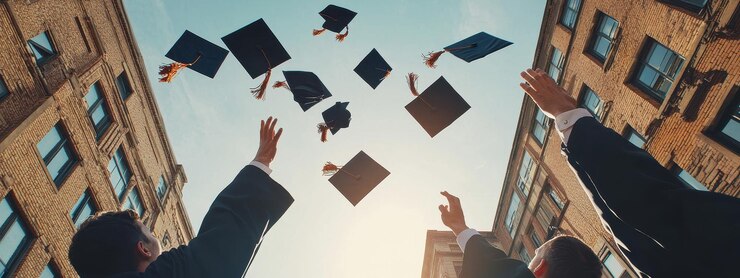 Tres graduados están lanzando sus sombreros en el aire celebrando sus logros