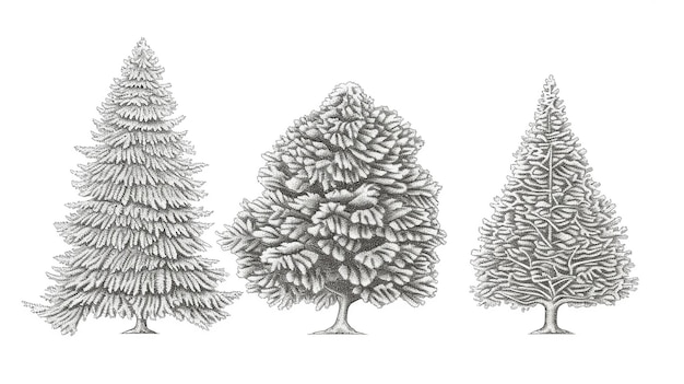 Tres grandes árboles viejos lineales dibujando dos de hoja caduca