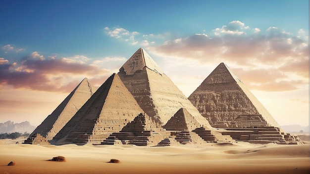 Foto três grandes estruturas triangulares feitas de pedra bronzeada em um cenário desértico