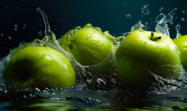 Tres grandes manzanas verdes en agua salpicada Concepto de comida saludable Fondo negro Cerrar IA generativa