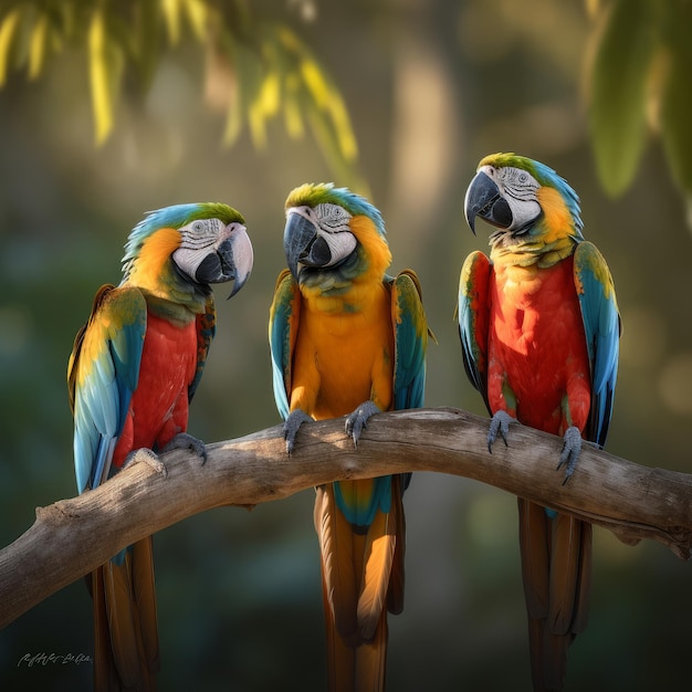 Tres guacamayos coloridos posados en un árbol IA generativa