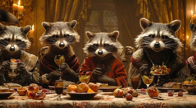 Foto três guaxinins sentados em uma mesa com um prato de frutas e maçãs