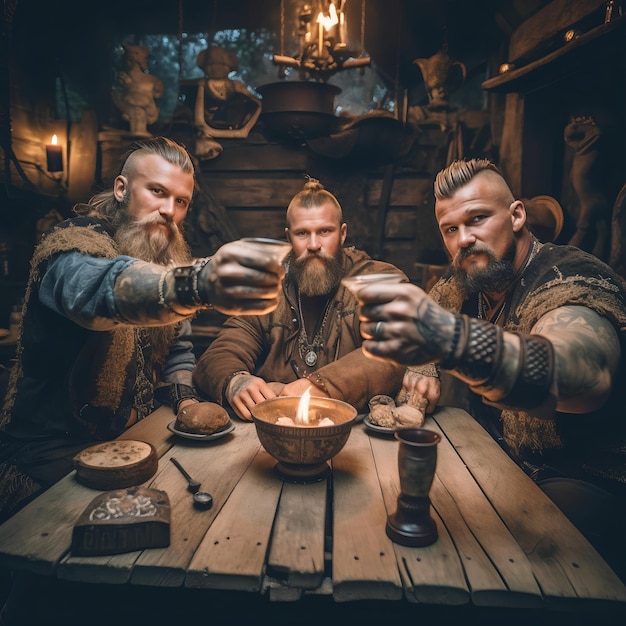 Três guerreiros vikings escandinavos aleatórios festejando em uma pousada rústica