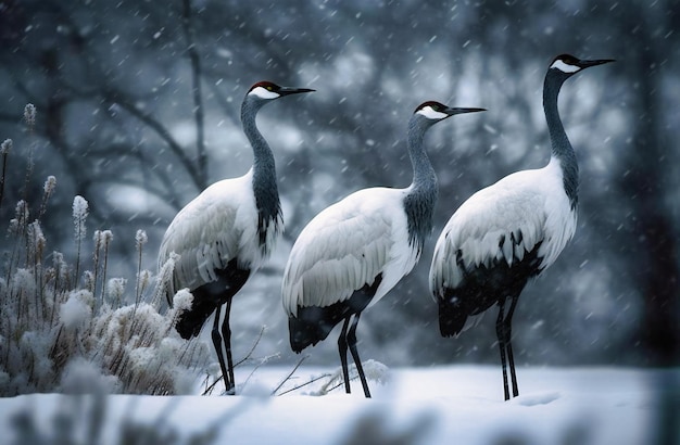 três guindastes nevados na neve do inverno