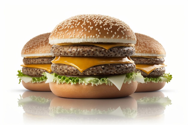 Três hambúrgueres estão em um fundo branco com a palavra queijo neles