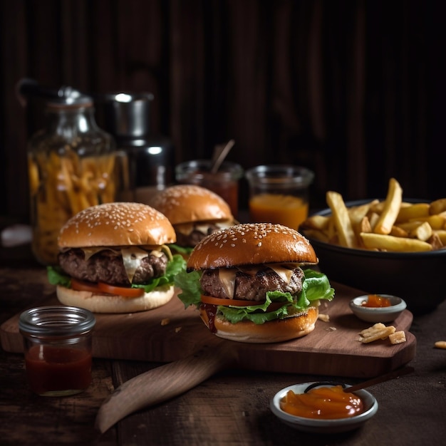 Tres hamburguesas con papas fritas en una tabla de madera