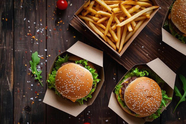 Tres hamburguesas y patatas fritas sobre una mesa de madera