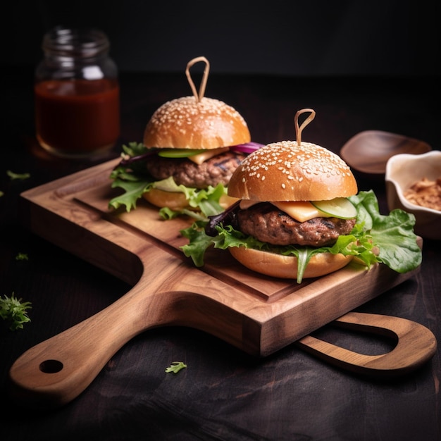 Tres hamburguesas en una tabla de madera con un bol de salsa y un tarro de miel.