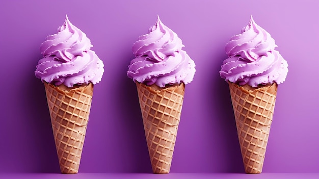Tres helados de bayas en cono aislado en un fondo púrpura banner dulce IA generativa