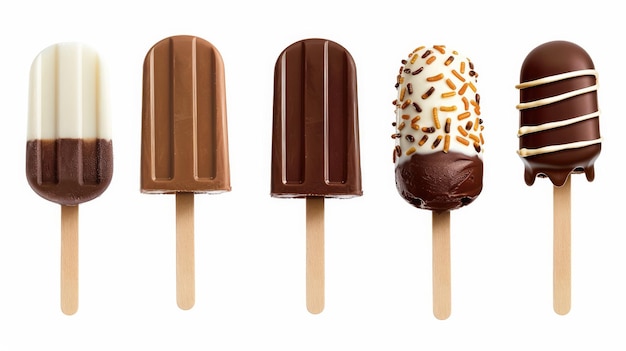 tres helados de chocolate están en un palo con uno que tiene un helado de chocolate en él