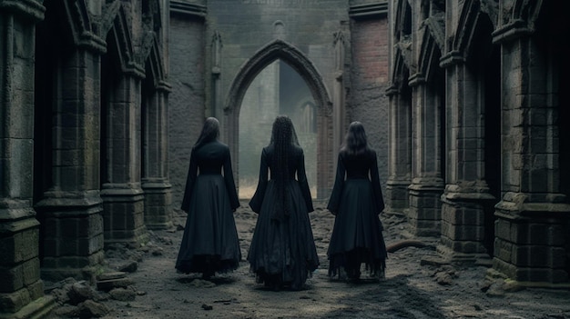 Tres hermanas brujas chicas jóvenes diferentes ojos altos ropa del siglo XIX estética oscura