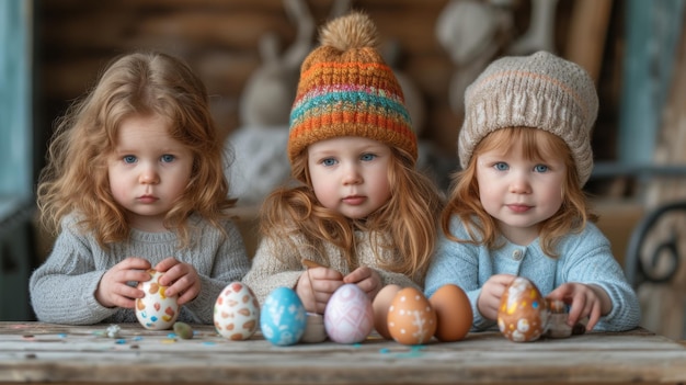 Tres hermanas pequeñas están sentadas en la mesa y pintando huevos de Pascua.