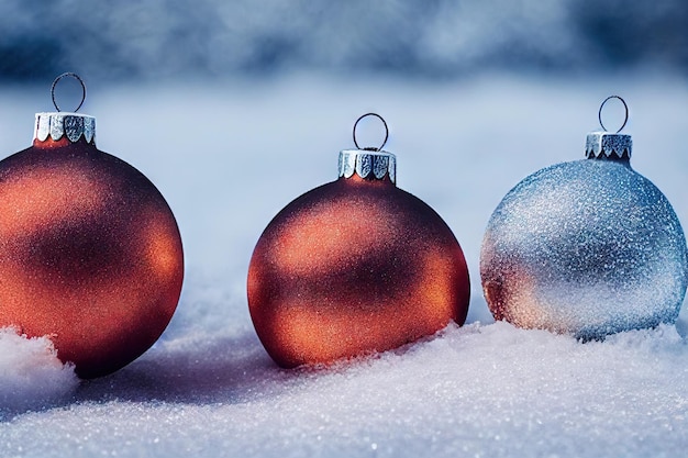 Tres hermosas bolas de Navidad rojas y plateadas mate en la nieve sobre fondo borroso