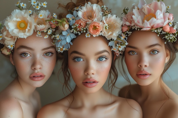 Tres hermosas chicas adornadas con flores en el cabello