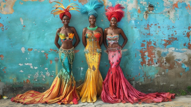 Tres hermosas mujeres africanas en trajes coloridos posando frente a una vieja pared