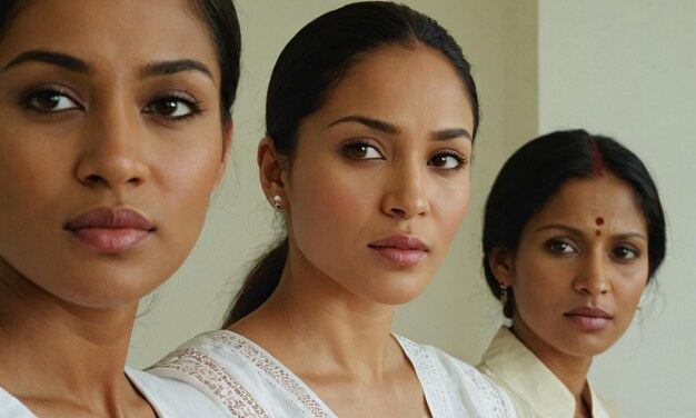 Tres hermosas mujeres indias jóvenes con ropa blanca.