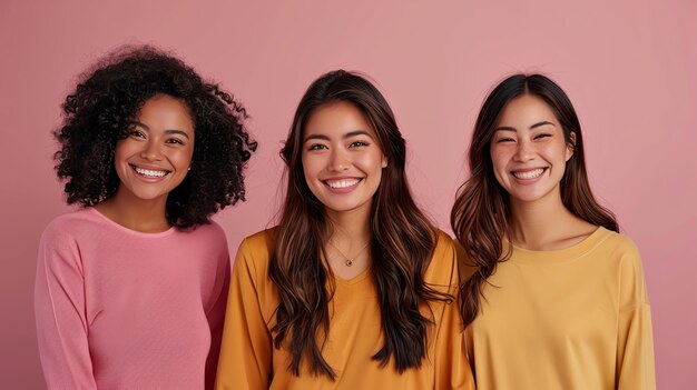 Foto tres hermosas mujeres jóvenes de diferentes etnias están de pie juntas y sonriendo a la cámara