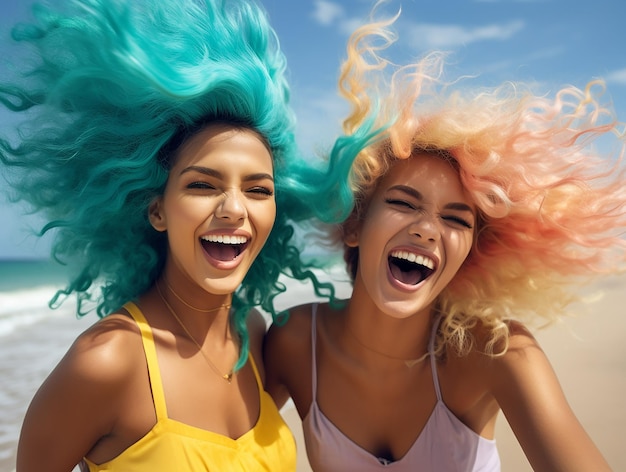 Foto tres hermosas mujeres rubias divirtiéndose en una playa de arena con el mar con diferentes peinados