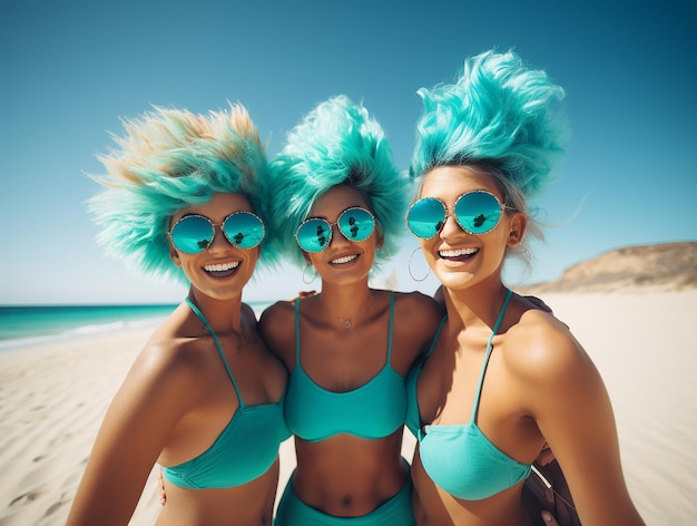 Foto tres hermosas mujeres rubias divirtiéndose en una playa de arena con un mar turquesa con diferentes peinados inusuales