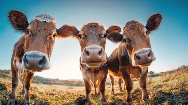 Tres hermosas vacas marrones de pie una al lado de la otra en un campo verde exuberante pastando pacíficamente en la hierba fresca