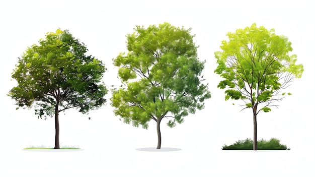 Tres hermosos árboles con hojas verdes sobre un fondo blanco Los árboles son de diferentes alturas y formas