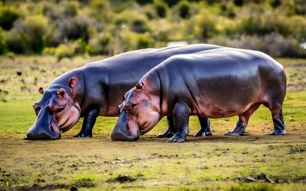 Três hipopótamos estão a caminhar na relva.