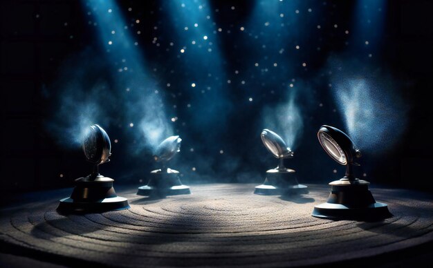 Foto três holofotes pretos em um palco escuro