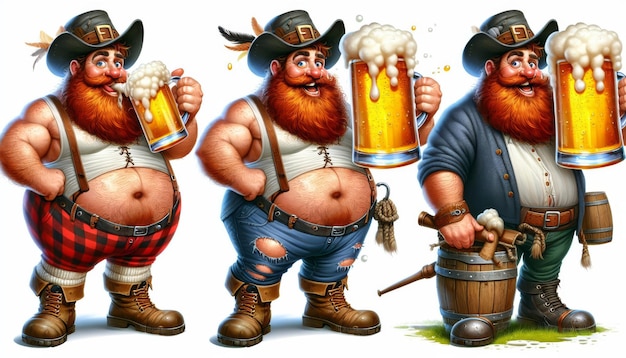 Tres hombre gracioso con una barba barriga se ríe sostiene una taza con espuma de cerveza aislado Oktoberfest
