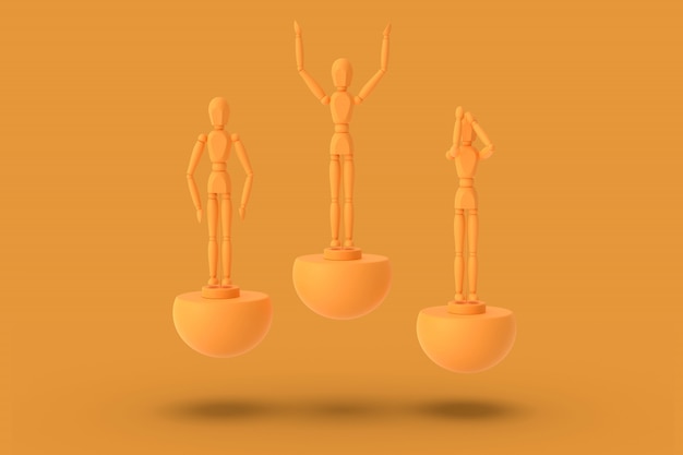 Tres hombre de juguete de color naranja en un pedestal deportivo abstracto render 3D