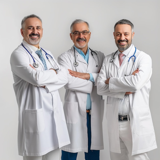 Foto tres hombres con abrigos blancos están posando para una foto