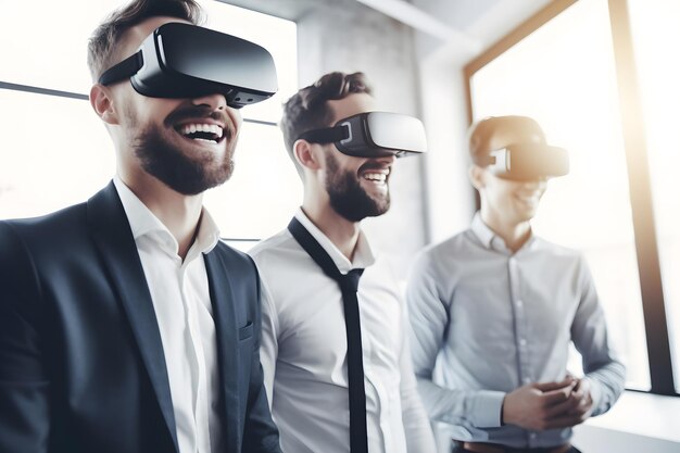 Foto tres hombres con auriculares vr en una oficina