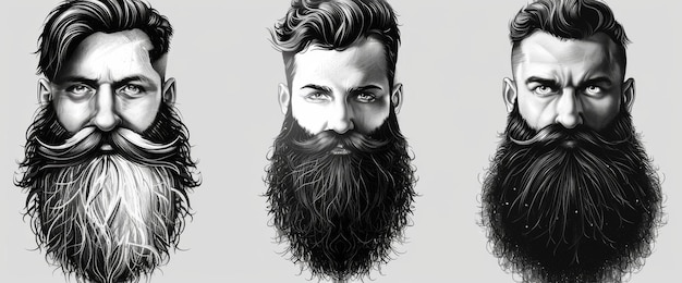 Tres hombres barbudos con cabello largo y barba