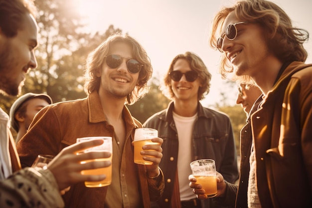 Tres hombres bebiendo cerveza en un parque