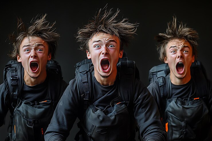 Foto tres hombres con la boca abierta y el cabello soplando en el viento