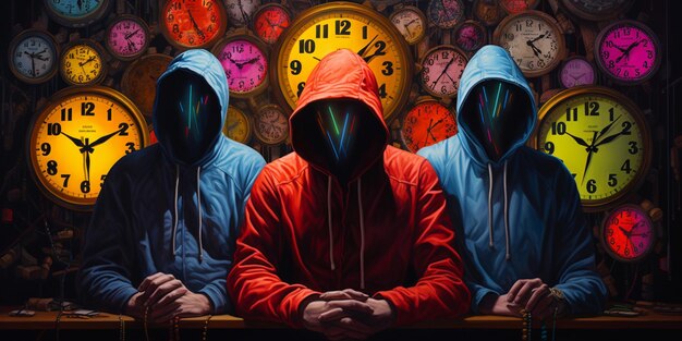 tres hombres con capuchonas sentados frente a una pared de relojes generativos ai