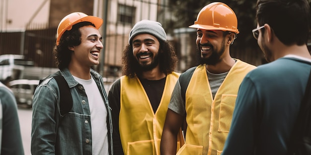 Tres hombres con cascos y uno con casco