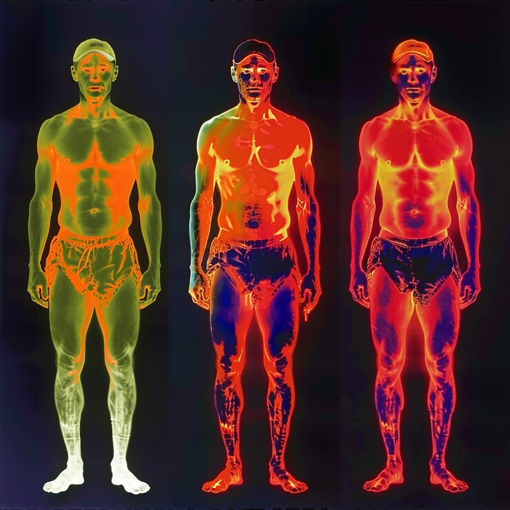 tres hombres de diferentes colores con brazos y partes del cuerpo de diferentes colores