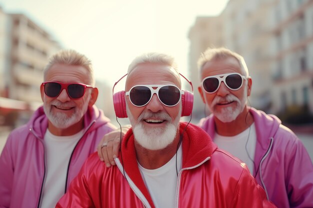 Tres hombres de edad avanzada sonrientes en un traje de entrenamiento y gafas de sol escuchan música en auriculares