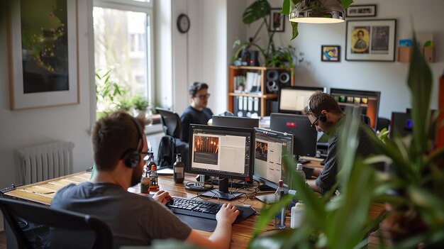 Foto tres hombres están trabajando en computadoras en una habitación