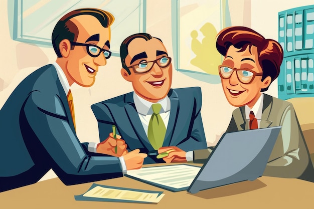 Tres hombres están trabajando diligentemente juntos en una computadora portátil en una mesa versión de dibujos animados de un consultor fiscal asesorando a clientes generada por IA