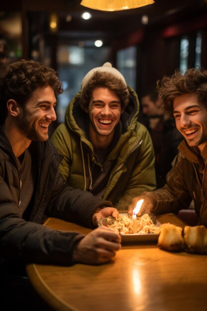 Foto tres hombres jóvenes celebrando un cumpleaños en un restaurante