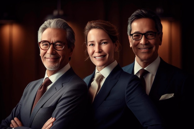 Tres hombres de negocios sonrientes vestidos con traje elegante y moderno de fondo negro