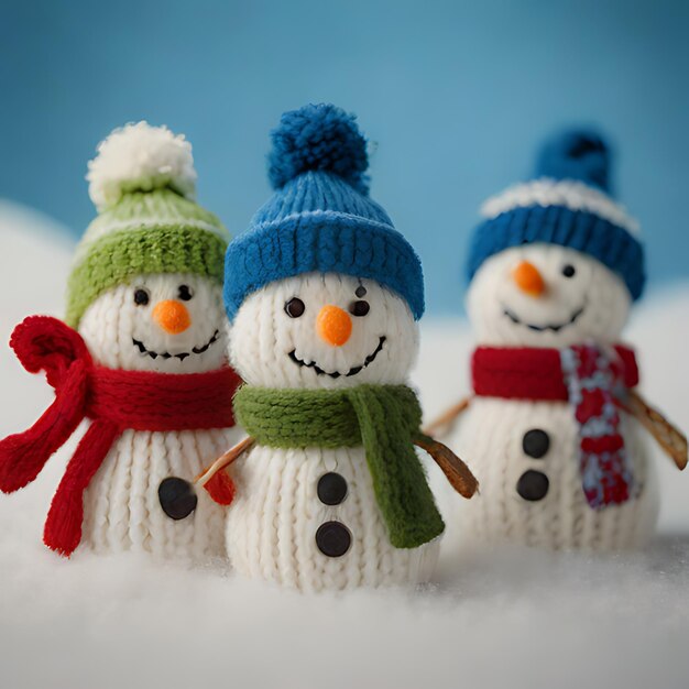 Foto tres hombres de nieve están de pie en la nieve uno de ellos tiene una bufanda alrededor de su cuello