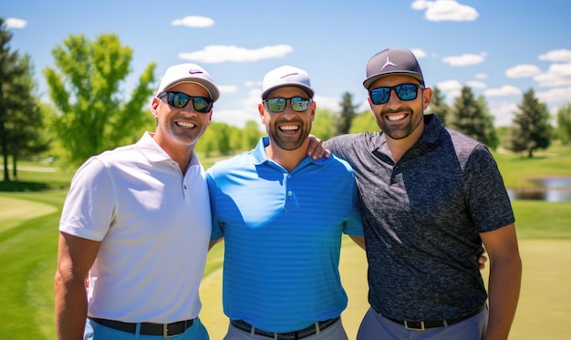 Foto tres hombres de pie juntos en un campo de golf