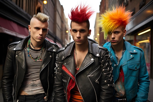 Tres hombres punk rock británicos con coloridos peinados mohawk y chaquetas de cuero