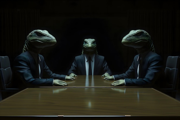 Foto tres hombres reptiles en trajes de negocios sentados en la mesa en una habitación oscura concepto secreto del gobierno mundial