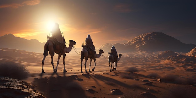 Foto tres hombres sabios con camellos viajando por el desierto a belén concepto religioso natividad paisaje del desierto personajes bíblicos tradición navideña